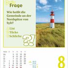 Quizfrage: "Wie heißt die Gemeinde an der Nordspitze von Sylt?" A) List, B) Tücke, C) Schliche. Kalenderblatt mit Leuchtturm.