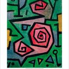 Abstrakte Illustration mit spiralförmigen, roten Formen auf grünem Hintergrund; geometrische Muster integriert.