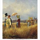 April 2024. Eine Gruppe spaziert durch ein Feld, teils mit Sonnenschirmen. Am Horizont sind Gebäude zu sehen.