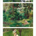 Kalenderblatt April 2021, Pierre-Auguste Renoir; drei Gemälde von Frauen und Kindern in grünen Landschaften.