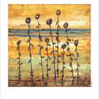 „4“ und Zahlen 1-30 darunter. Illustration von Sonnenblumen vor einem orangen Himmel und Wasser.