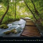 Kalender für April: Holzwanderweg durch einen grünen, mit Bäumen gesäumten Wald neben fließendem Wasser.
