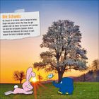 Text über die Schweiz. Illustration: Rosa Hase und blauer Elefant vor Baum bei Sonnenuntergang mit blühender Wiese.