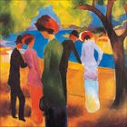 Illustration mit fünf stilisierten Figuren in lebhaften Farben, die auf einen See blicken, umgeben von Bäumen.