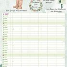 Kalenderseite April 2027 mit Illustrationen von Kirschblüten, Narzissen, Gummistiefeln und Vogelhaus.