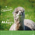 Text: „Welches Tier lebt im Weltraum? Das ALLpaka.“ Ein Alpaka steht auf einer grünen Wiese. Kalender unten.