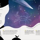 Mini-Guide zur Himmelsbeobachtung. Tipps: Dunkler Ort, klarer Himmel, Neumond wählen. Illustration mit Sternbildern.