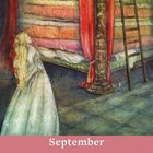 Text: September, Montag-Sonntag, Kalendarium. Illustration: Frau betrachtet hohen Matratzenstapel, roter Vorhang, Leiter.