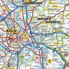 Köln und Leverkusen sind groß markiert, umgeben von Autobahnen und Flüssen. Markante rote und blaue Linien.