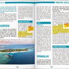 Texte im Bild: KUREDU, Sport & Wellness, RESORT, ANDERE ATOLLE, INSIDER-TIPP. "Besuch bei den Höhlenbewohnern" und "Dinner mal anders" hervorgehoben. Unten ein Foto einer Insel.