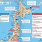 Reiseinformationen zu Japans Norden mit Tipps wie "Sapporo-Schneefestival" und "JR-Gono-Linie" auf einer kolorierten Karte.