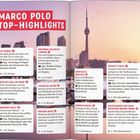 "MARCO POLO TOP-HIGHLIGHTS" zeigt Sehenswürdigkeiten in Kanada. Im Hintergrund ist eine Skyline mit einem großen Turm sichtbar.