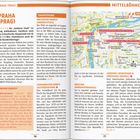 Dies ist eine Doppelseite eines Reiseführers über Prag. Auf Seite 70 steht "PRAHA (PRAG)" und "Wohin zuerst?", gefolgt von Text und Informationen über Sehenswürdigkeiten. Seite 71 zeigt eine detaillierte Stadtkarte mit Sehenswürdigkeiten in Mittelböhmen.