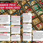 "MARCO POLO TOP-HIGHLIGHTS" in weißem Text auf rotem Hintergrund. Verschiedene Sehenswürdigkeiten sind in Kästchen beschrieben. Im Hintergrund sind bunte Glasfenster zu sehen.