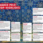 "MARCO POLO TOP-HIGHLIGHTS" in großen weißen Buchstaben auf rotem Hintergrund. Darunter neun Textfelder mit Reisetipps. Blauer Hintergrund mit goldener Ornamentik.