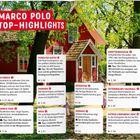 MARCO POLO TOP-HIGHLIGHTS: Kurze Beschreibungen mehrerer Sehenswürdigkeiten in Stockholm auf weißem Hintergrund vor rotem Haus.