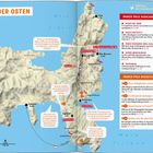 Das Bild zeigt eine Karte des östlichen Teils von Elba mit Orten und Sehenswürdigkeiten. Texte beschreiben Highlights und Tipps.