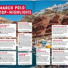 "MARCO POLO TOP-HIGHLIGHTS" in rotem Banner oben. Weiße Klippenhäuser, blaues Meer und rote Felsen darunter sichtbar.