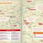 Überschrift: UNTERFRANKEN. Regionale Karte mit Ortsnamen wie Würzburg und Bad Kissingen. Hinweise auf Sehenswürdigkeiten und Aktivitäten.