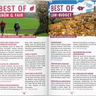 "Best of Grün & Fair" und "Best of Low-Budget" sind Themen. Links wandern Menschen, rechts Stadtansicht mit Hügel.