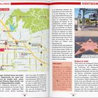 Texte: 
- "HOLLYWOOD"
- "SIGHTSEEING"
- "20 WALK OF FAME"
- "Dieser Gehweg ist selbst eine Berühmtheit: der Walk of Fame"
- "WOHIN ZUERST?"

Links: Karte von Hollywood mit markierten Orten. Rechts: Bild des Walk of Fame.