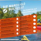 "Die Marco Polo Bucketlist: Erlebnisse auf Usedom, z.B. Kiten, Hafenbesuch, Bootstouren. Hintergrund zeigt Natur und Wasser."