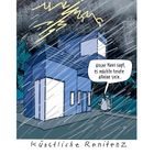 Text oben: "PETER BUTSCHKOW". Sprechblase: "Unser Haus sagt, es möchte heute alleine sein." Illustration eines Hauses im Regen.