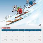 Kalendermonat Februar mit animierten Mäusen beim Skifahren. Eine Maus trägt einen roten Pullover.