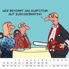 Illustration: Ein Kellner mit Motorsäge fragt, wer ein gut durchgebratenes Rumpsteak will. Unten ist ein April-Kalender.