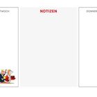 Montag bis Sonntag, Notizen. Illustration von drei Figuren mit gelben Kronen, die auf Mittwoch sitzen: ein Pinguin, ein Ameisenbär und eine Katze.