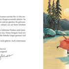 Zu Beginn: Ein Eislauftext und eine Illustration eines Schweins mit rotem Schal auf einem zugefrorenen See.