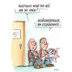 Zwei Männer sitzen; einer sagt: "HERZFEHLER MEINT DER ARZT. ...UND BEI IHNEN?" Der andere: "...RECHTSCHREIBFEHLER, BIN LEGASTHENIKER."