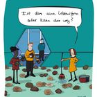 Sprechblase: "Ist das eine Lebensform oder kann das weg?"  
Vier Figuren und viele kleine, pelzige Objekte.