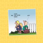 Zwei Personen mit Rucksäcken. Die erste sagt: "Kuck mal - ein toter Vogel!" Die zweite fragt: "Wo?" Vor einem weißen Zaun.