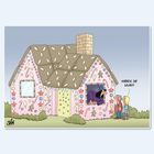 "HABEN SIE WLAN?" Ein bunt verziertes Lebkuchenhaus mit Hexe am Fenster und zwei Kinder davor.