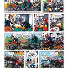 Illustration mit Motorradfahrern an einer Tankstelle, humorvoll dargestellt. Dialoge über falsche Betankung und Missverständnisse.