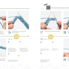 Schritte 14-19 zeigen das Stricken von Maschen mit Anleitungen und Bildern der Hände, die Nadeln und blaues Garn halten.