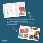 1) Aus 20 Granny Squares Grundform auswählen  
2) Farben festlegen und kombinieren  
3) Die Granny Squares zu individuellen Designs zusammenführen  

Verschiedene Strickmuster und Designs mit Anleitungen sind abgebildet.