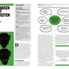 "WER SCHIMPANSEN TRIFFT, LERNT PERSÖNLICHKEITEN KENNEN. Schimpansenverhalten." Links vier schwarze Schimpansengesichter auf grünem Hintergrund. Rechts Text über Jane Goodall.