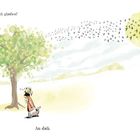 Illustration: Ein Mädchen mit Hund steht unter einem Baum. Vögel fliegen zur gelben Sonne. Texte: "Woran soll ich glauben?" "An dich."