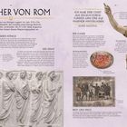 "Herrscher von Rom", "Die sieben Könige", "Der Senat", "Ich habe eine Stadt aus Ziegeln vorgefunden und eine aus Marmor hinterlassen." Kaiser Augustus. Statue von Augustus mit erhobenem Arm. Relief von Senators in Togen. Mosaik mit Szenen des Brotes und Spiele. Münze mit Abbild eines Königs.