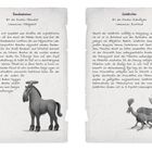 Zwei Texte über fiktive Kreaturen: Bardenbeiner und Goldtröter. Links Illustration eines tierähnlichen Wesens, rechts eines vogels.