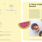 Rechts Text: "Keine Angst vor dem Dessert." Links Grafiken, Kurven beschriftet als "Spaghetti...", "Wurst...", "Wurst im Fladenbrot...". Unten Beispiele für Blutzuckerkurven. Bild einer Portion Eis.