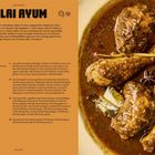Text: "GULAI AYUM, Indonesien, Für 2 Personen, Vorbereitung 15 Min, Garzeit 1 Std 15 Min."  
Links: Rezept, rechts: Hähnchenschenkel in brauner Sauce.