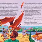 Text links: Dialog zwischen Telemachos und anderen Figuren über Adler.  
Rechts oben: "Blick in die Zukunft" und Erklärung zum Text.  
Unten: Illustrationen von Menschen und zwei großen Adlern am Himmel.
