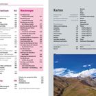 Texte: "Land und Leute", "Wanderungen", "Karten", "11", "432", "Anhang", "12", "506". Im unteren Bereich Berge unter blauem Himmel.
