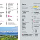 Inhaltsverzeichnis links, Bereiche: Gesundheit, Umwelt, Sport. Rechts: Karten, Tipps, Preiskategorie.

Landschaftsfoto: Weinberge, See, Berge im Hintergrund.