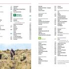 Inhaltsverzeichnis mit Seitenzahlen verschiedener kolumbianischer Departamentos, darunter Sucre, Córdoba, Chocó und mehr. Unten läuft eine Person durch ein Grasland.