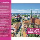"Nicht verpassen! Breslau entdecken." Text beschreibt Sehenswürdigkeiten in Breslau. Luftaufnahme der Stadt mit roten Dächern.