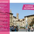 Ein Abschnitt mit Sehenswürdigkeiten in Florenz auf rosa Hintergrund. Rechts davon ein belebter Platz mit Skulpturen.